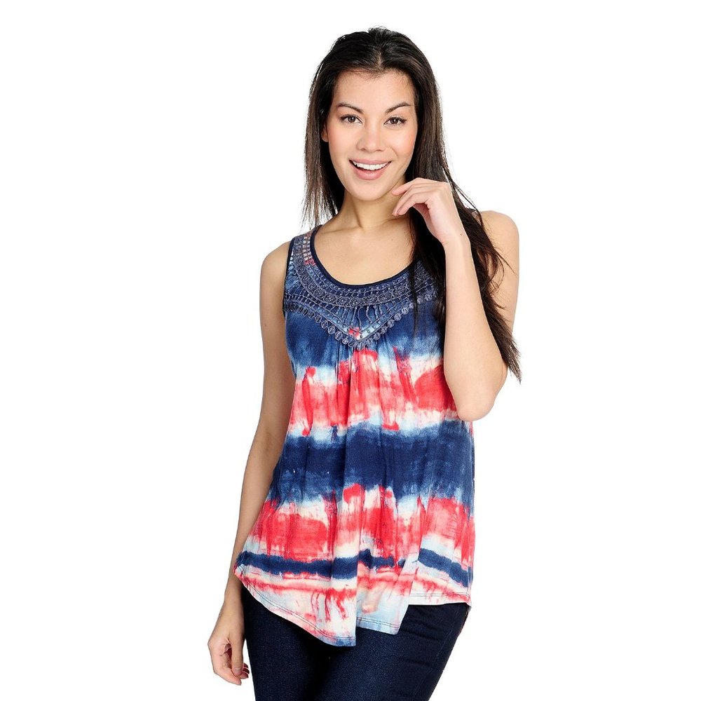 NWOT - One World Knit Tie-Dye Crochet Detailed Scoop Neck Tank Top Multi